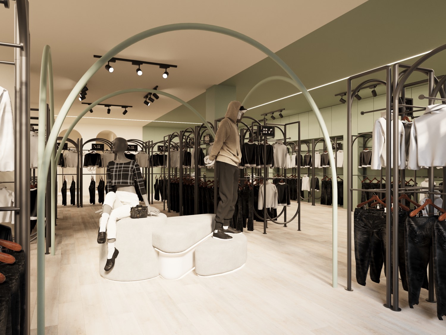 Inside Mr. Local: mint-green arches over the shop floor, black steel rails and a terrazzo plinth