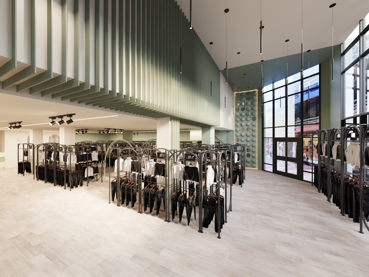 The double-height hall with a slatted sage ceiling and daylight through full-height street windows